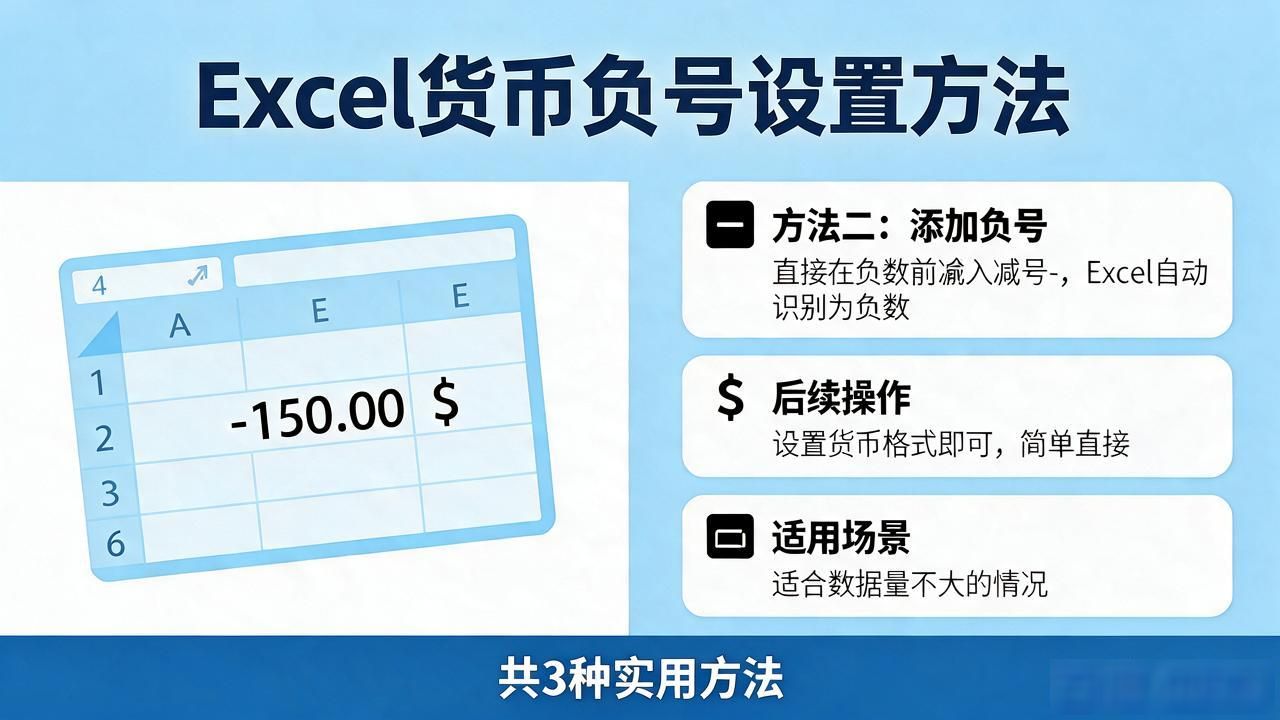 Excel货币数字如何显示负号？3种实用方法详解